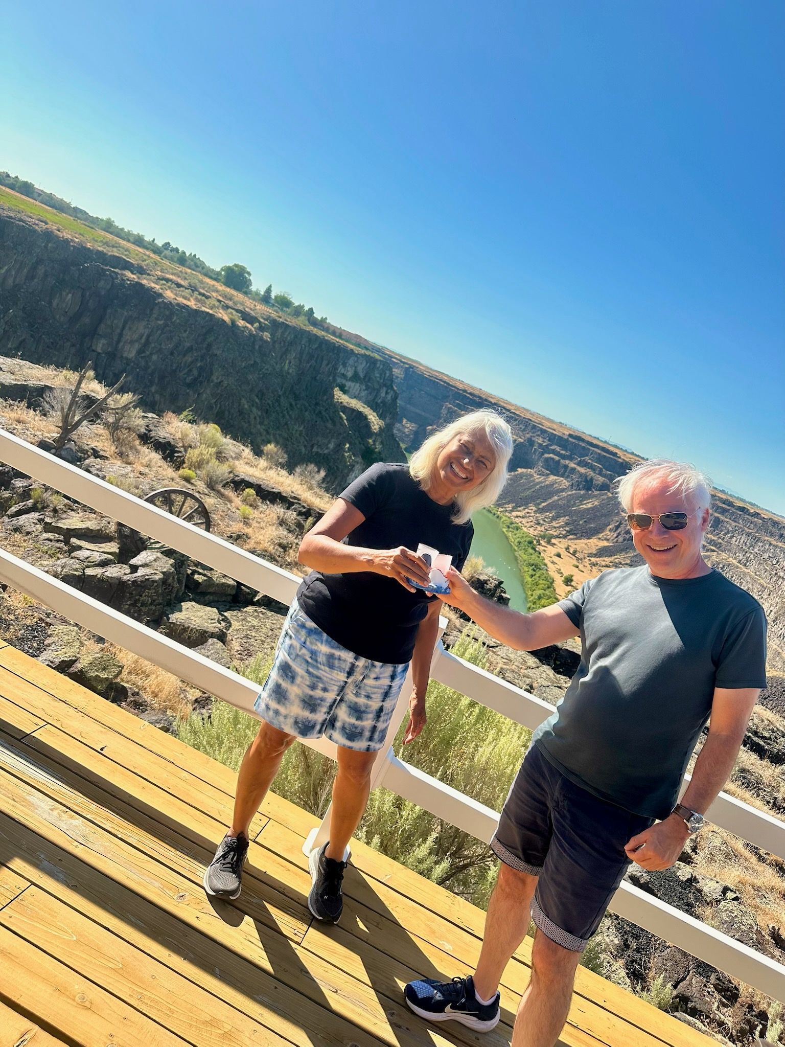 Two people on a wooden walkway overlooking a canyon. Sunny day. Man and woman raise a toast.