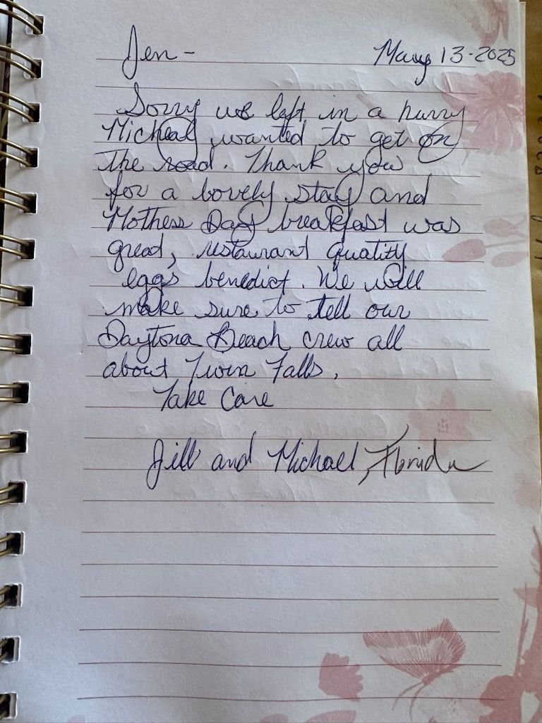 Handwritten note: a thank you from Jill and Michael to Jean for a nice breakfast in Niagara Falls.