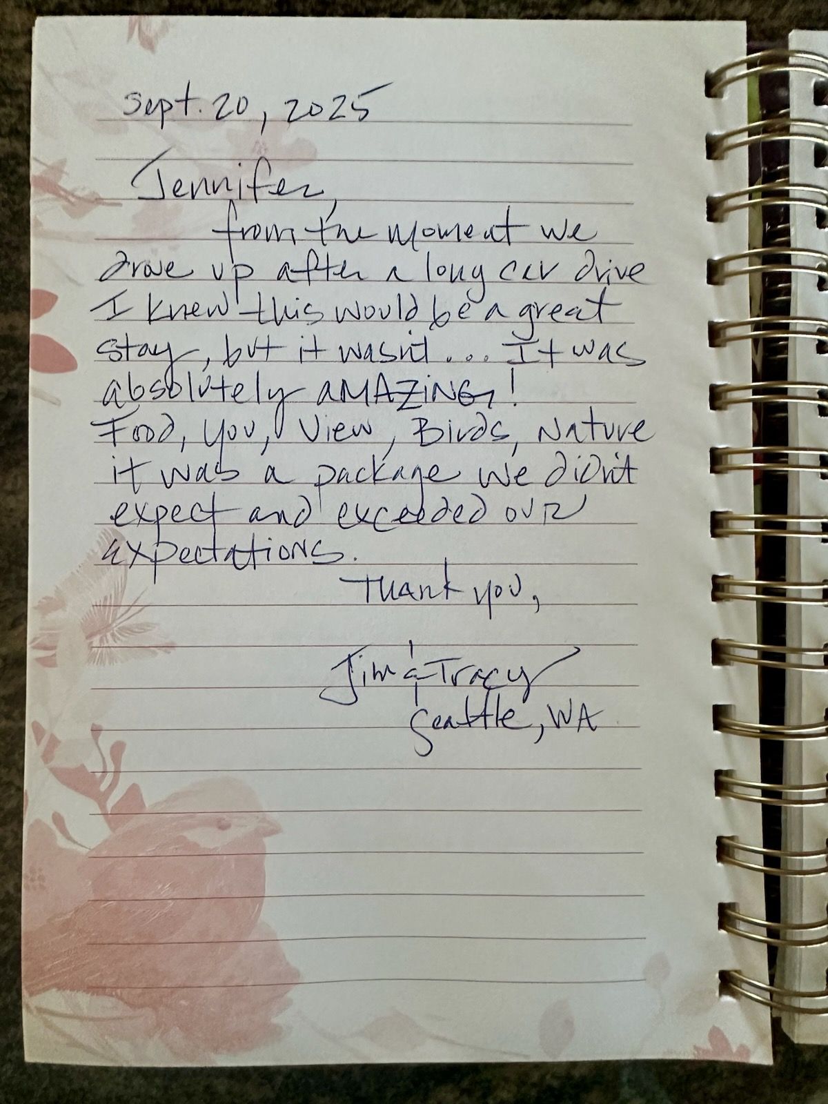 Handwritten note in a floral-themed journal, dated Sept. 20, 2025, with a customer review expressing delight.