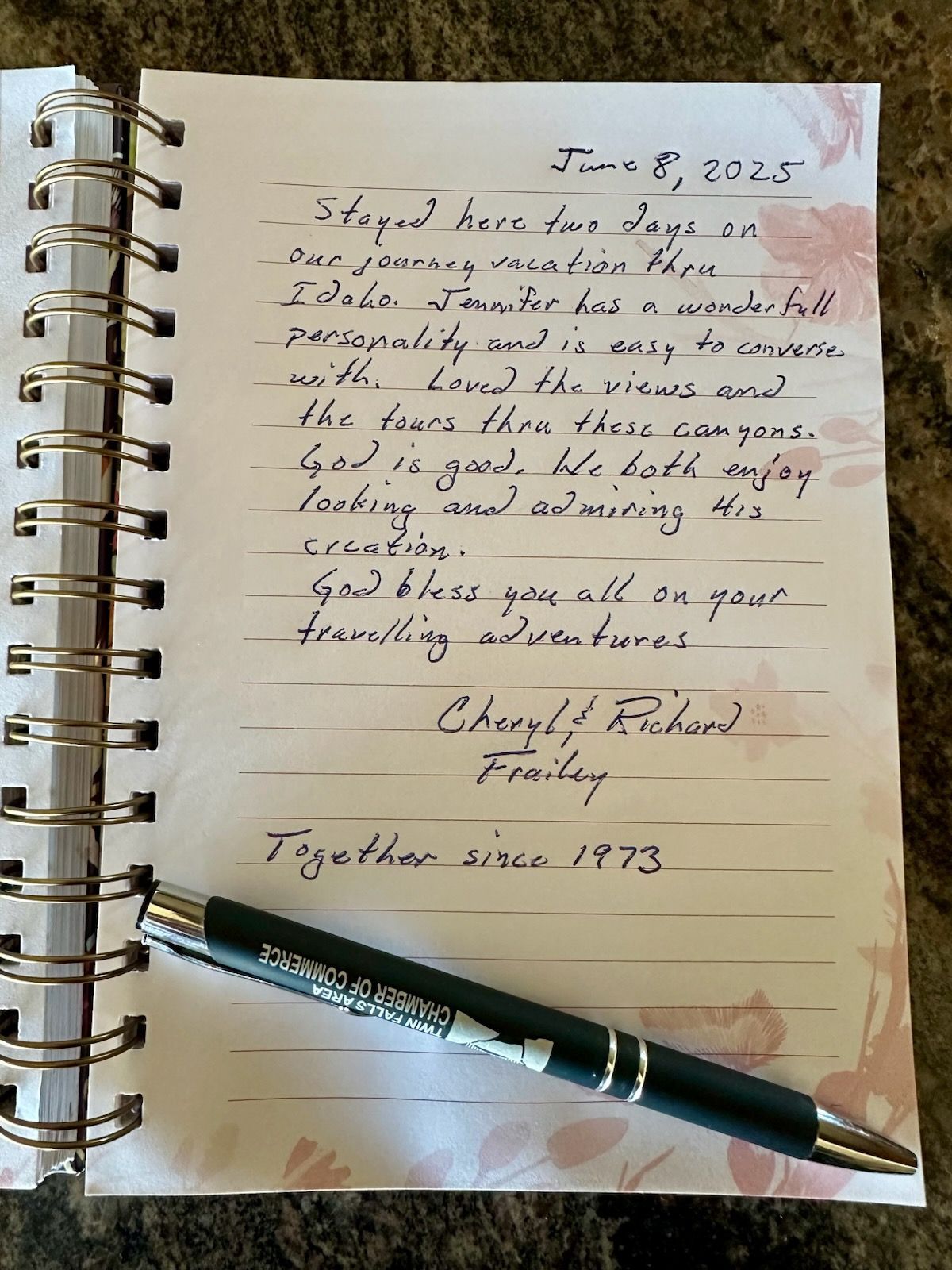Handwritten note in a spiral-bound notebook with a pen, dated June 8, 2025, expressing gratitude and well wishes.