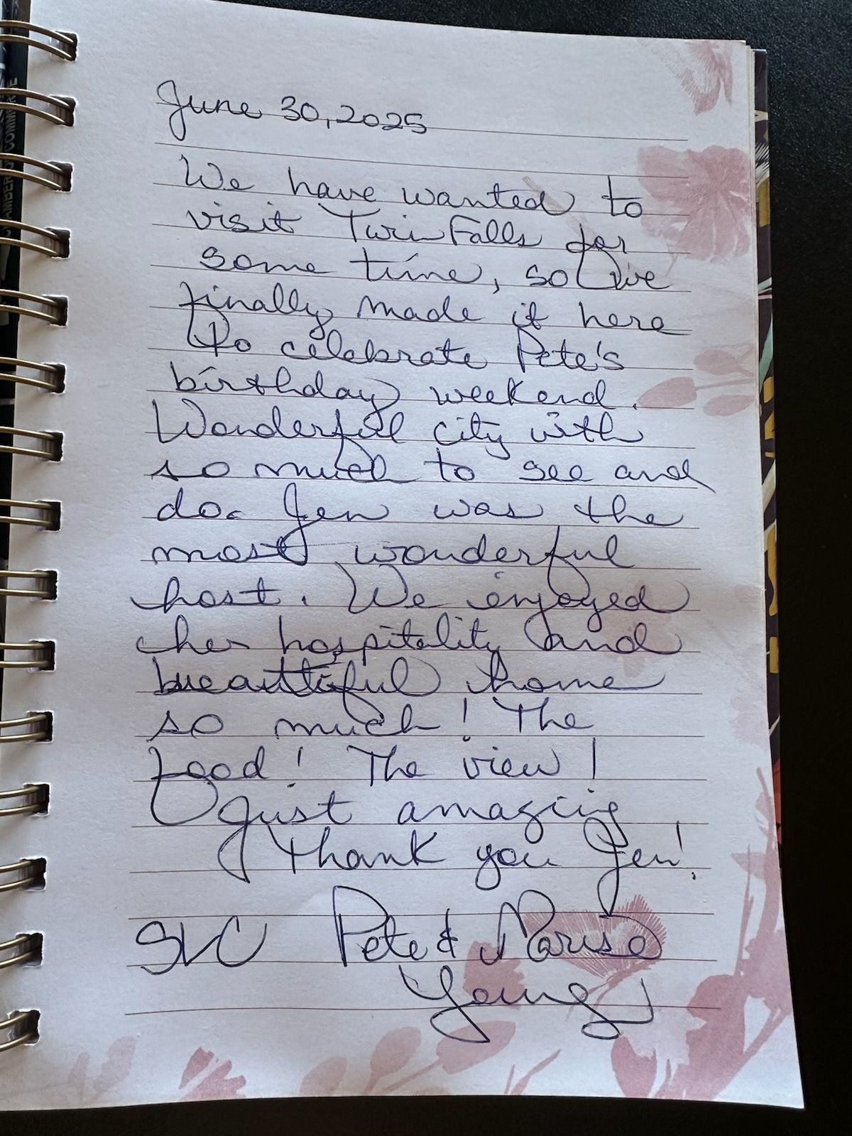 Handwritten journal entry on a spiral-bound notebook page, expressing a positive review of a city visit.