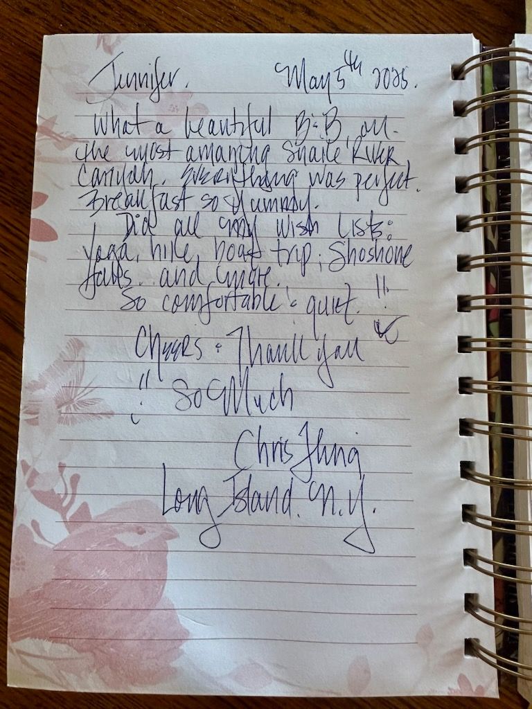 Handwritten note to Jennifer on lined paper, thanking her for a beautiful breakfast. Signed by Chris and Victoria.