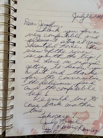 Handwritten thank you note, dated July 26, 2023, expressing appreciation for a comfortable stay at Jennifer's home.