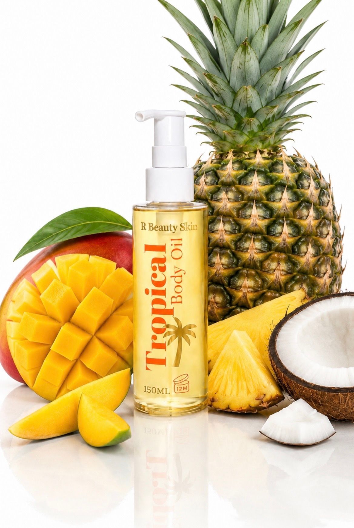 Tropische haarverzorgingsflessen met kokosnoot- en ananasgeur, versierd met schijfjes fruit op een witte achtergrond.