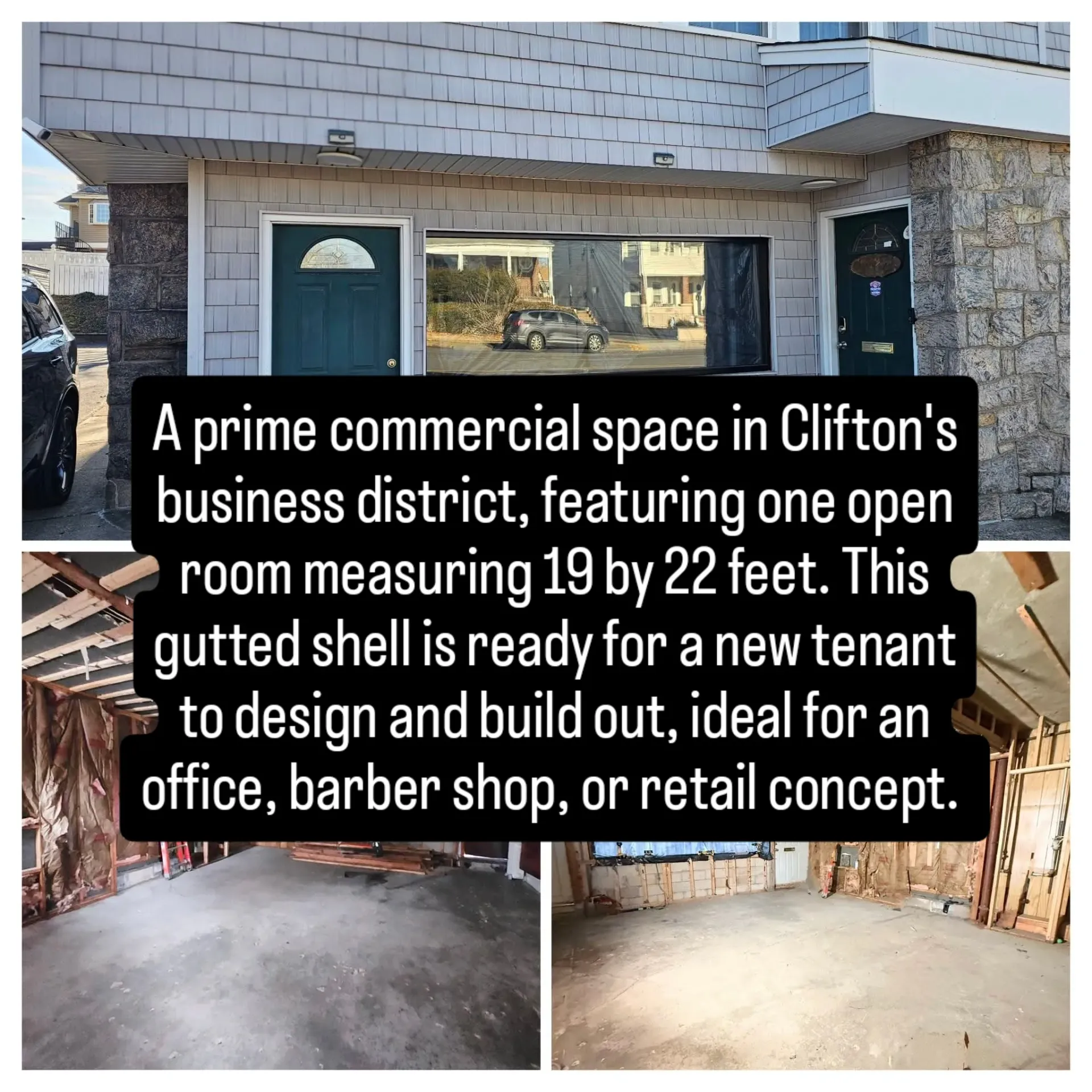 Commercial space in Clifton, NJ. Open room, 19x22 feet. Gutted shell, ready for build-out; ideal for office, retail.