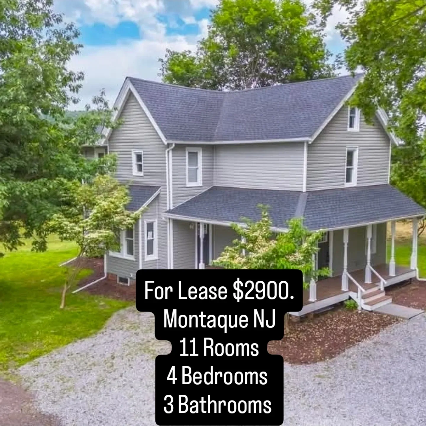 Gray house with porch, for lease at $2900 in Montague NJ, 11 rooms, 4 bedrooms, 3 bathrooms.