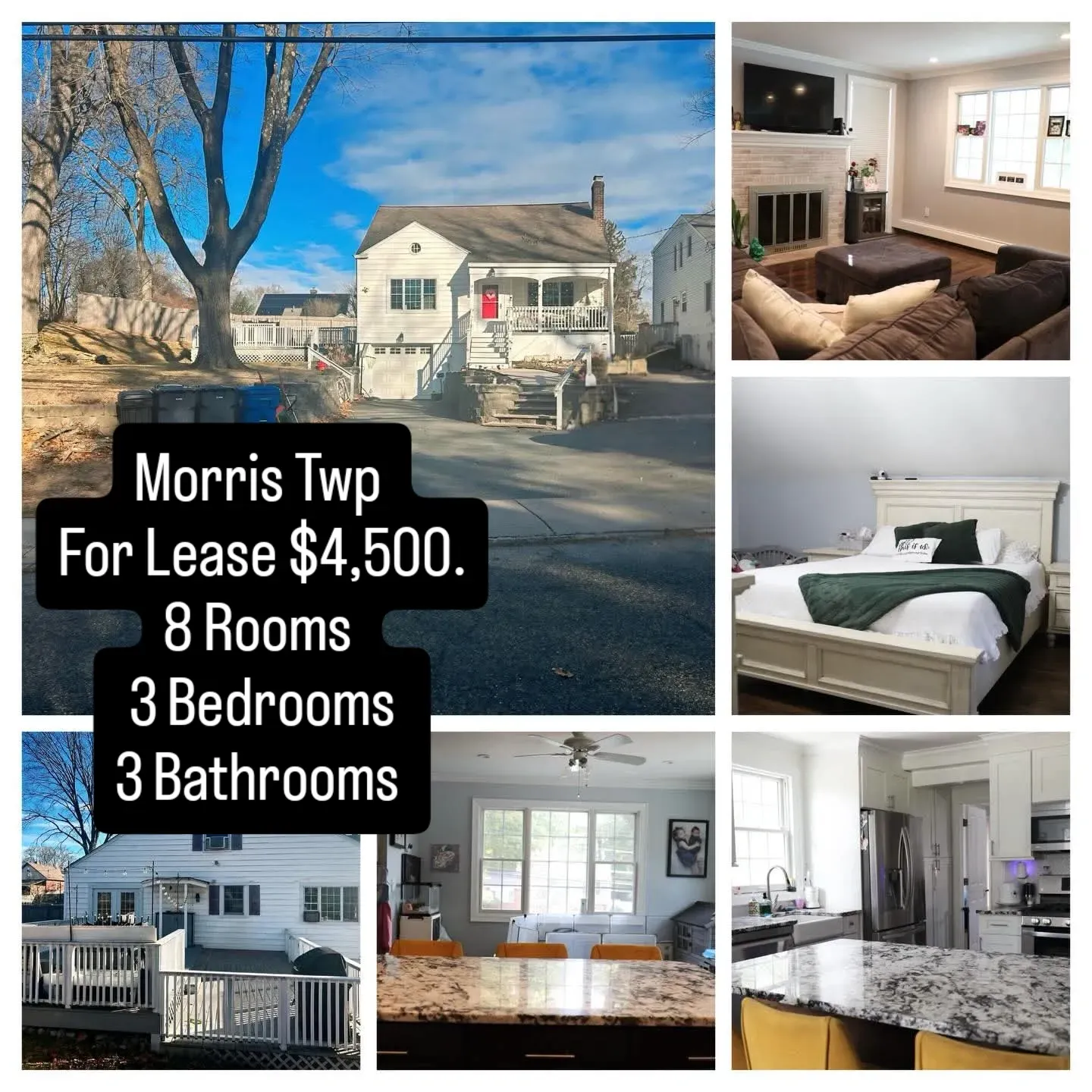 Collage: Home for lease in Morris Twp, 3 bedrooms, 3 baths, for $4,500. Features interior and exterior photos.