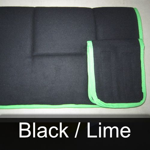 A black and lime blanket with a green trim