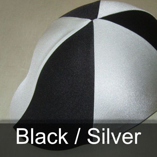 A black and white hat with the words black / silver below it