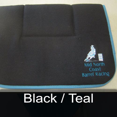 A black and teal barrel racing saddle pad