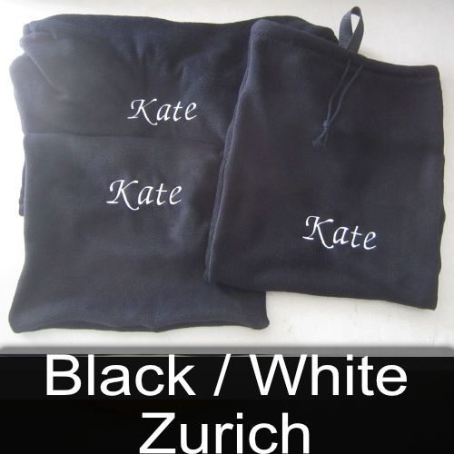 A black and white item with the name kate embroidered on it