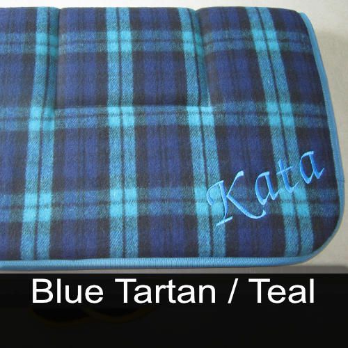 A blue plaid blanket with the name kata embroidered on it