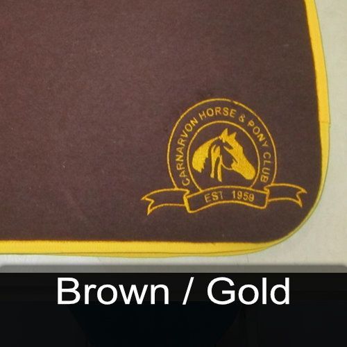 A brown and gold logo for the carnarvon horse and pony club