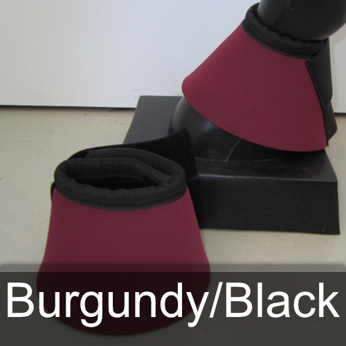A pair of burgundy and black bell boots