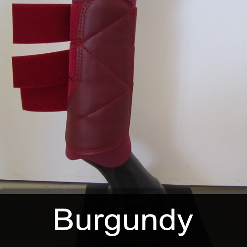 A pair of burgundy leg wraps on a mannequin