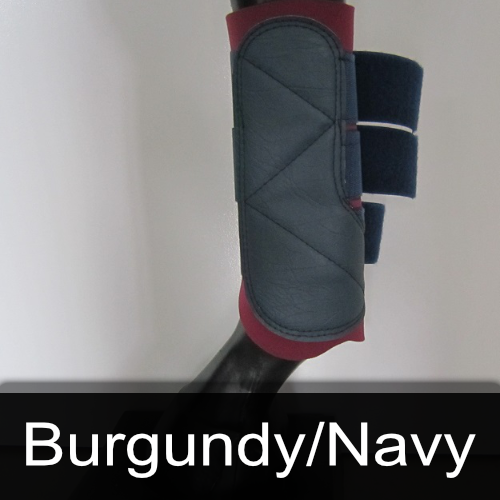 A pair of burgundy and navy boots on a horse