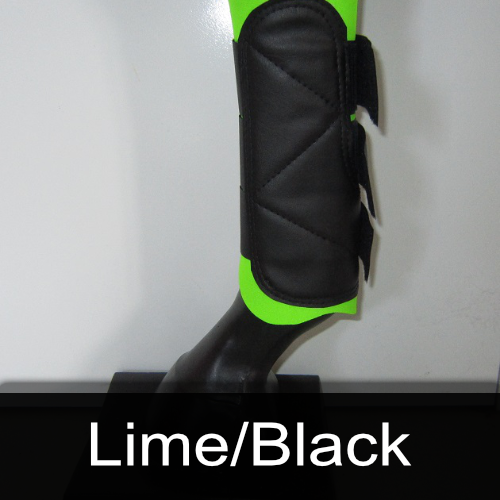 A pair of lime and black boots on a mannequin