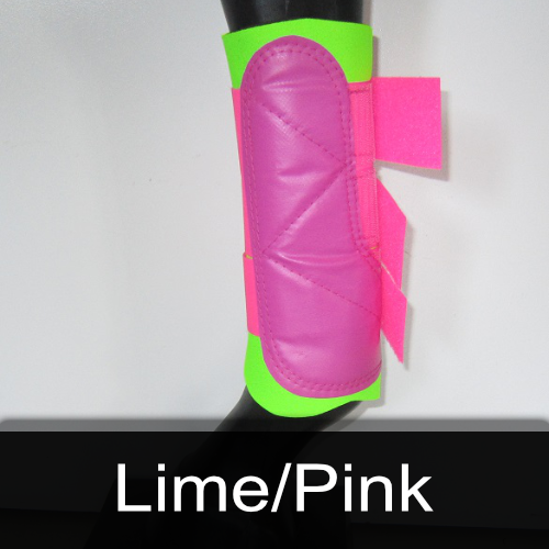 A pair of lime and pink boots on a mannequin