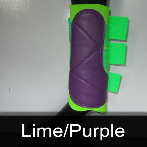 A purple and green boot that says lime / purple