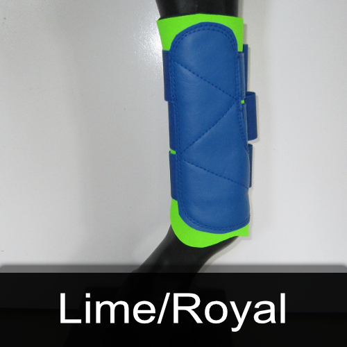 A pair of lime and royal boots on a mannequin