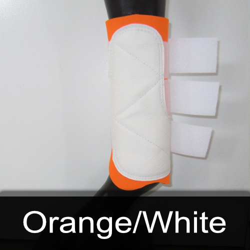 A pair of orange and white boots on a mannequin