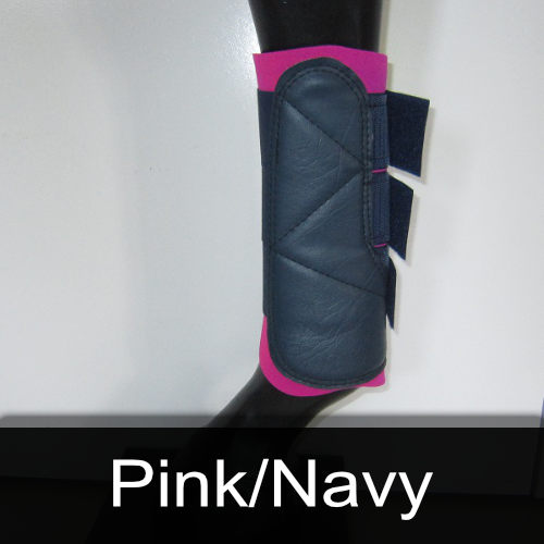 A pair of pink and navy boots on a mannequin