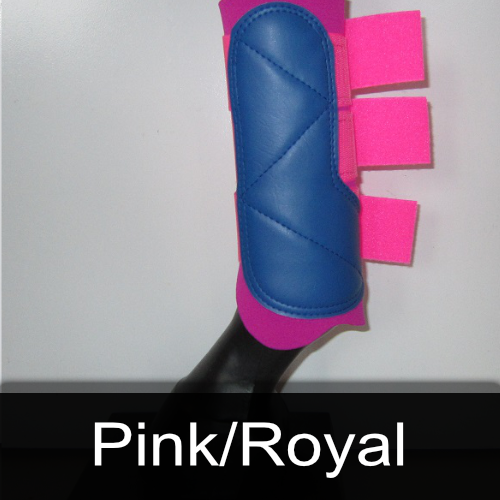 A blue and pink boot that says pink / royal