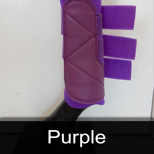 A pair of purple brushing boots on a mannequin