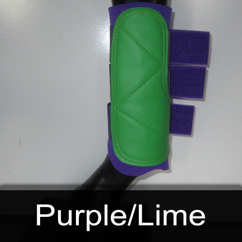A green and purple boot that says purple / lime