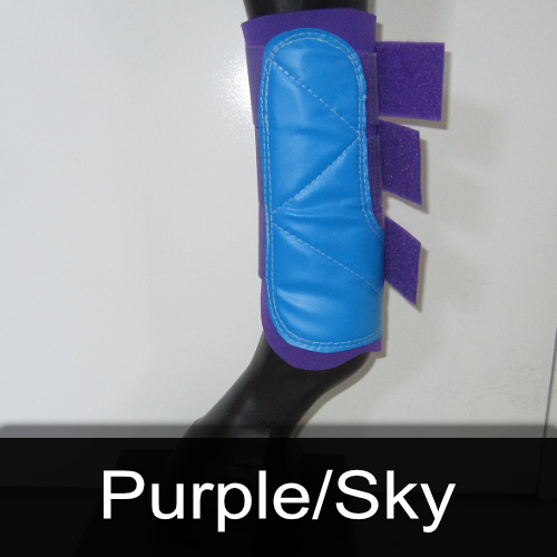 A purple and blue boot with the words purple / sky below it