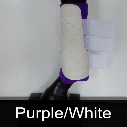 A purple and white boot on a horse 's leg