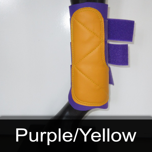 A pair of purple and yellow boots on a mannequin