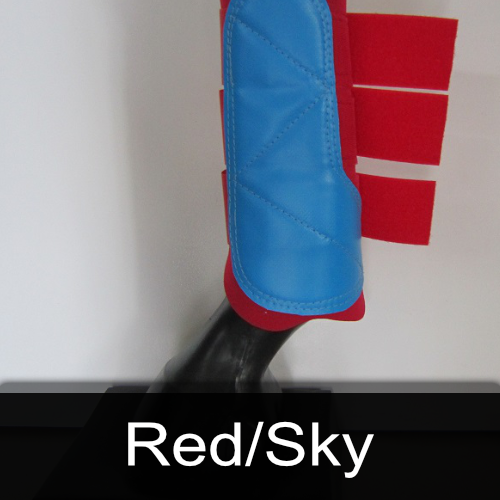 A red and blue boot with the words red / sky below it