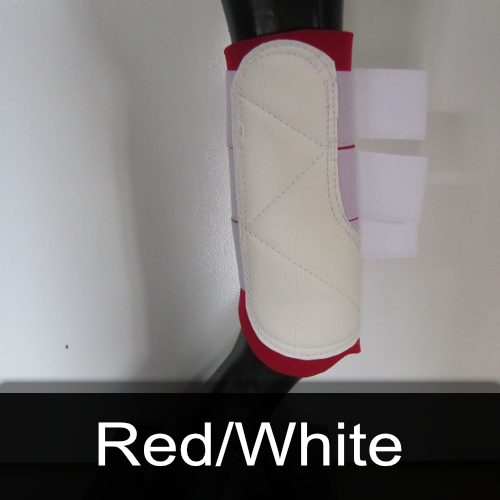 A red and white boot is on a mannequin
