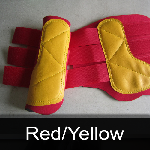 A pair of red and yellow boots with the words red / yellow below them