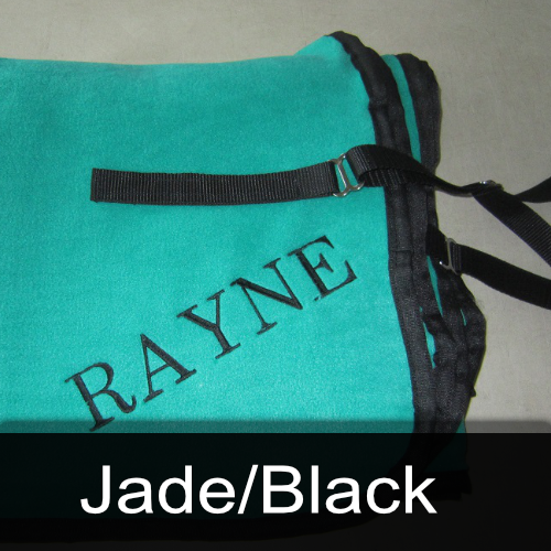 A turquoise bag with rayne embroidered on it