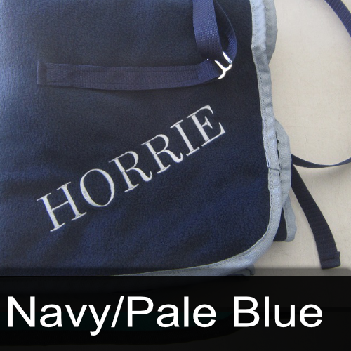 A blue bag with the name horrie embroidered on it