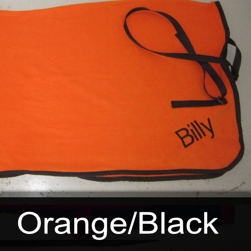 An orange blanket with the name billy embroidered on it