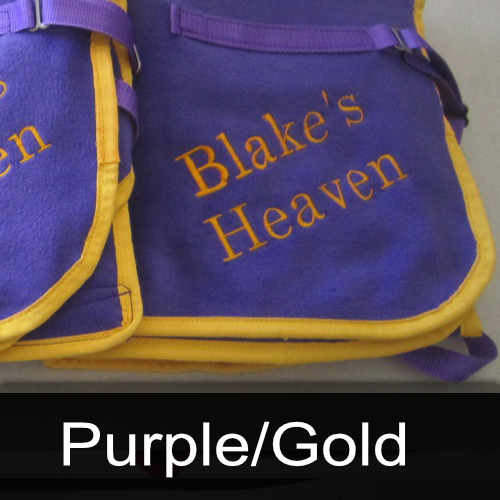 A purple and gold backpack with blake 's heaven embroidered on it