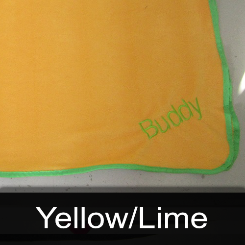 A yellow towel with the name buddy embroidered on it