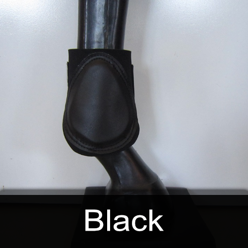 A black boot on a mannequin with the word black below it