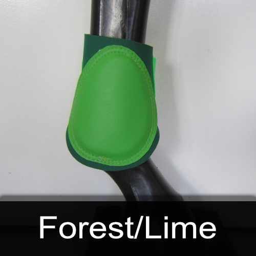 A green boot is on a horse 's leg.