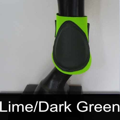 A lime and dark green boot on a horse 's leg