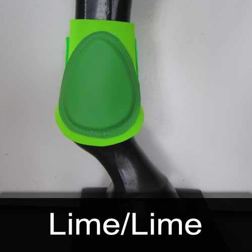 A lime green boot is on a horse 's leg.