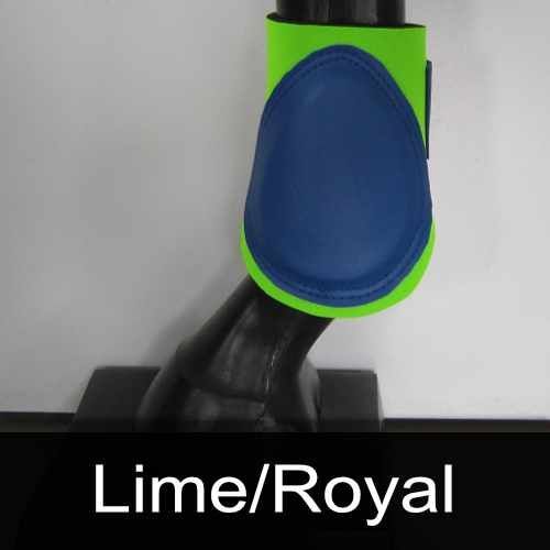 A lime and blue boot is on a horse 's leg.