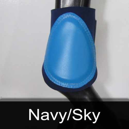 A close up of a blue boot with the words navy / sky below it