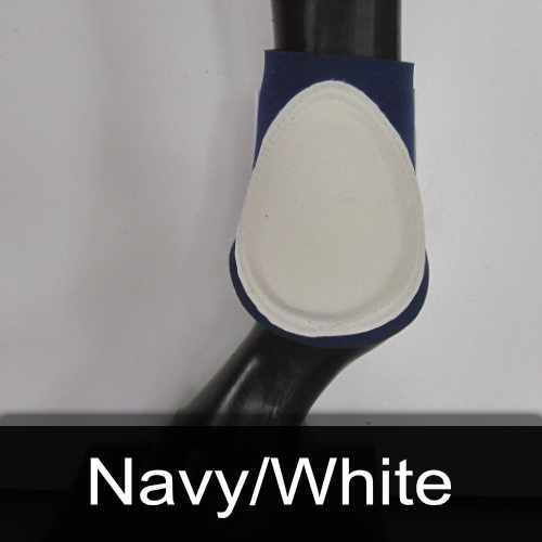 A person is wearing a pair of navy and white socks.