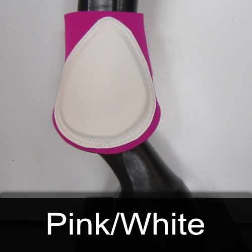 A pink and white boot is on a horse 's leg.