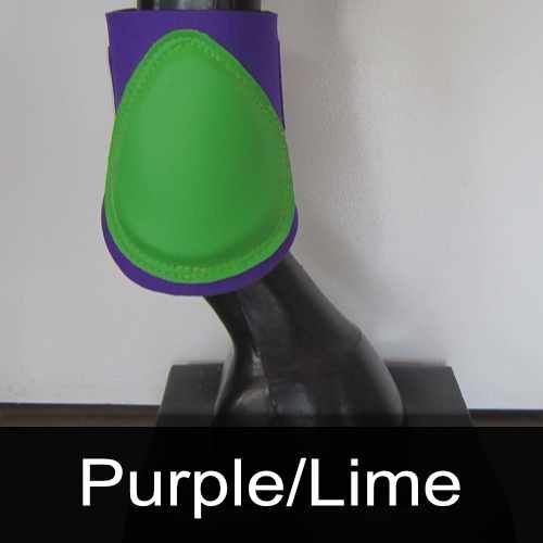 A purple and green boot is on a horse 's leg.