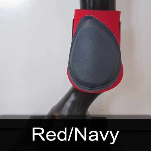 A horse wearing a pair of red and navy boots